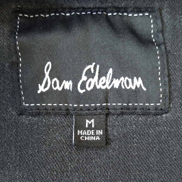 Sam Edelman Black Denim Moto Jacket Contrast Cutout Faux Leather Sleeves Unique - Picture 6 of 12